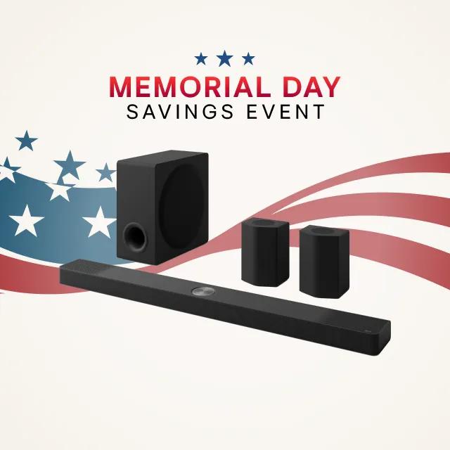 Memorial Day Savings Event. LG Soundbar on stars and stripes background.