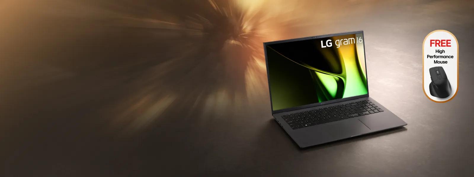 LG gram 16 laptop alongside a promotional badge that reads 'FREE High Performance Mouse' and shows a black ergonomic mouse