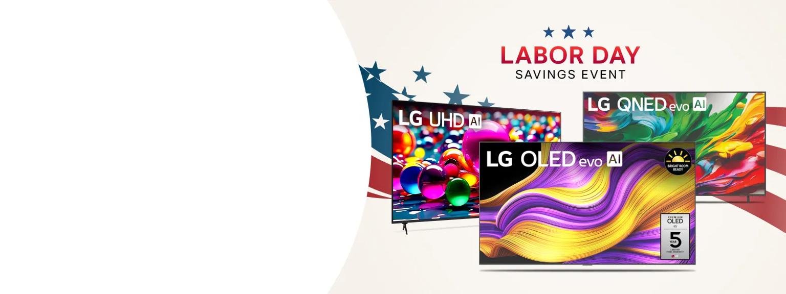 ”Labor Day Savings Event” title badge. A group of LG TVs on a stars and stripes background.