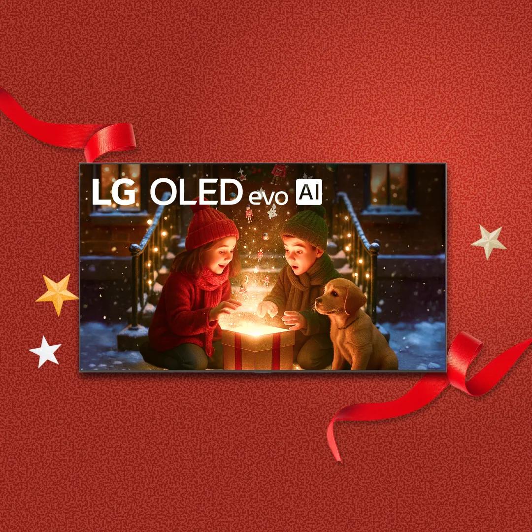 “It’s gift season” badge. Opened and unopened gift boxes appear in a cluster. Various boxes display LG OLED TV