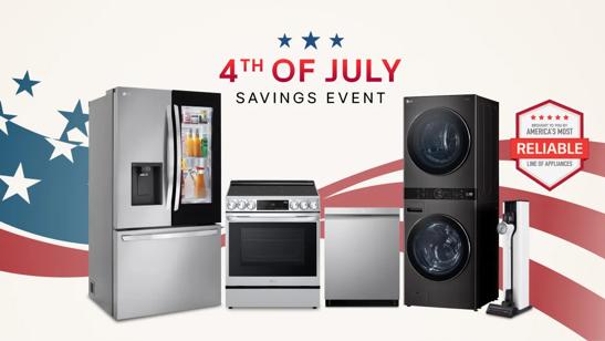 A group of LG home appliances in front of graphic of American Flag. “Independence Day Savings Event” badge appears above. 