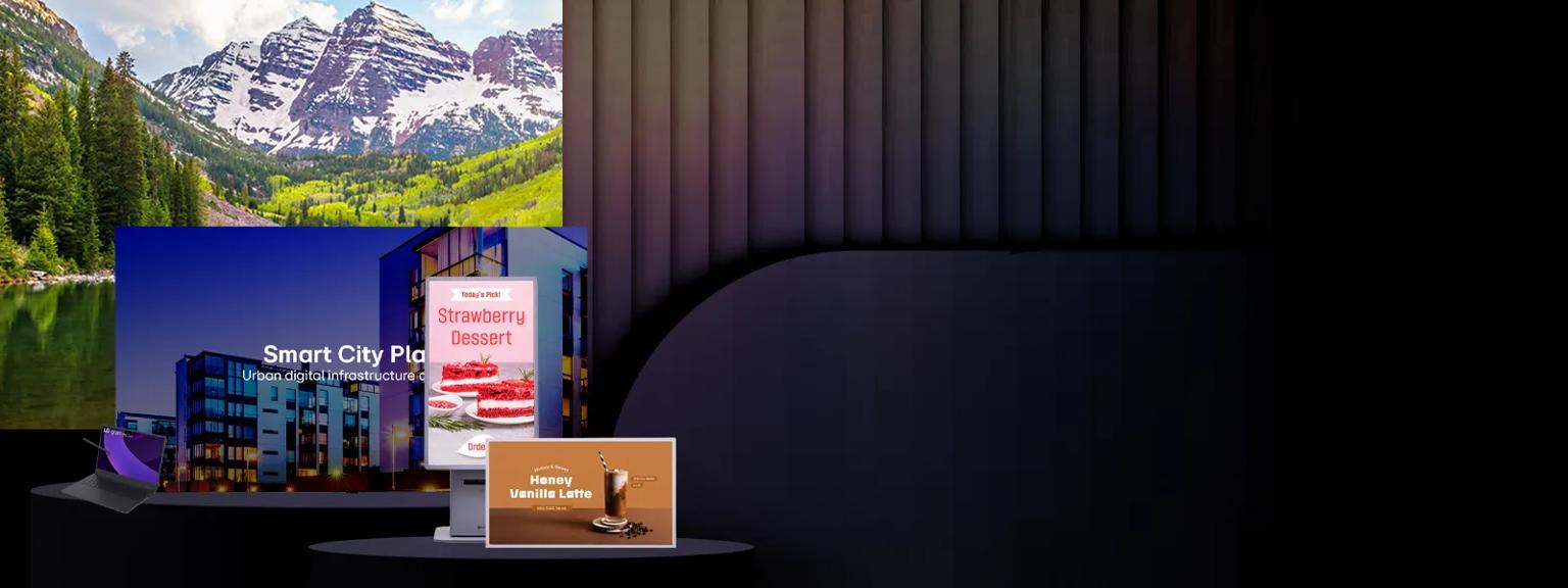 LG MAGNIT, gram laptop, kiosk display, and e-paper display on a dark background