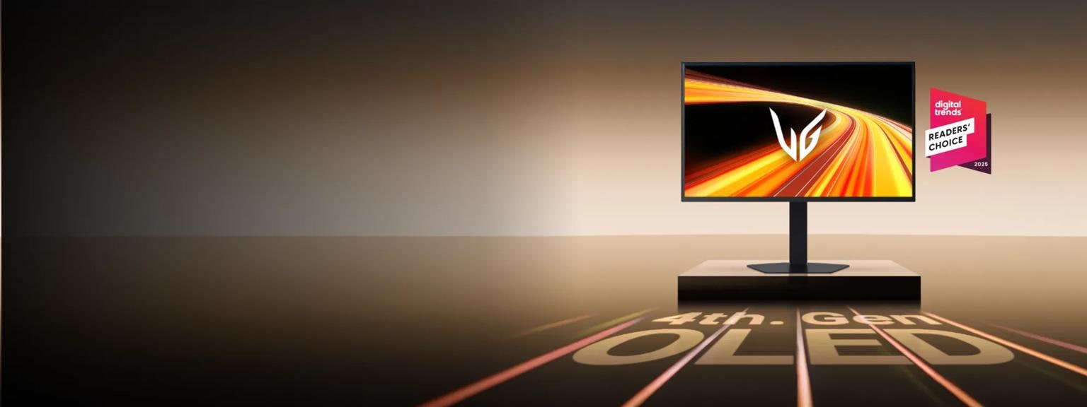 UltraGear OLED Monitor with text below it reading “4th-Gen OLED”. “Digital Trends Readers’ Choice 2025” badge.