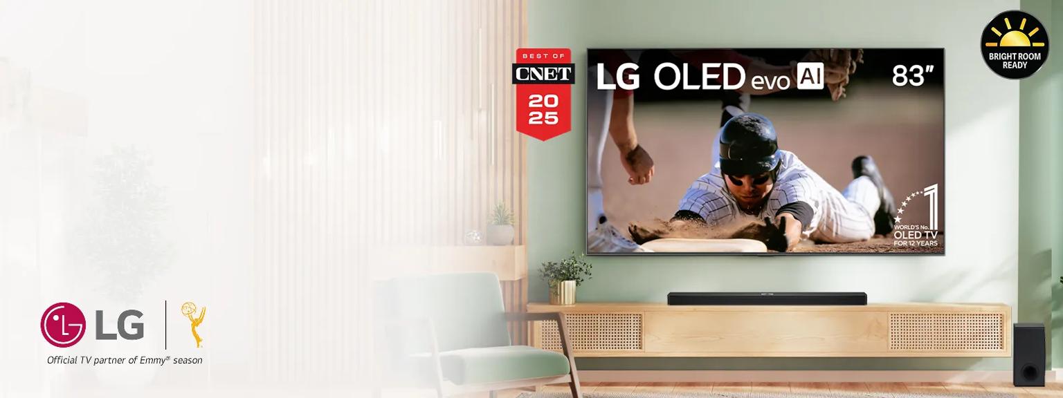 LG OLED TV displaying a baseball game in living room setting. “Best of CNET 2025” badge to left. “Bright room ready” badge to right.