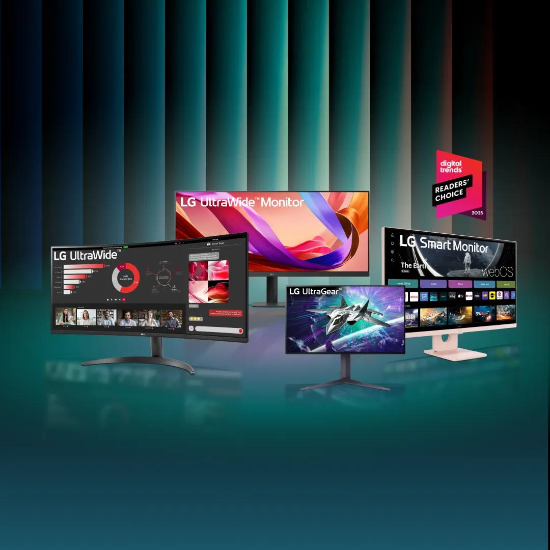 A group of LG monitors on a green background. “Digital Trends Readers’ Choice 2025” badge.