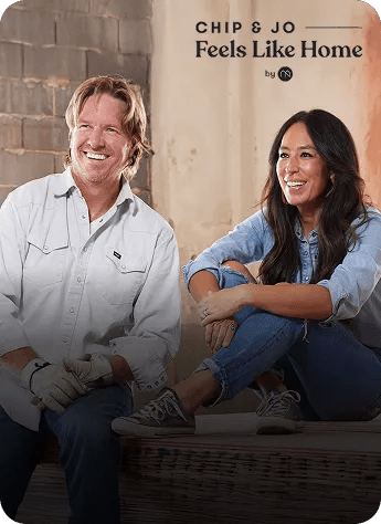 Chip and Joanna Gaines smiling together on a home renovation series title card with warm neutral tones.