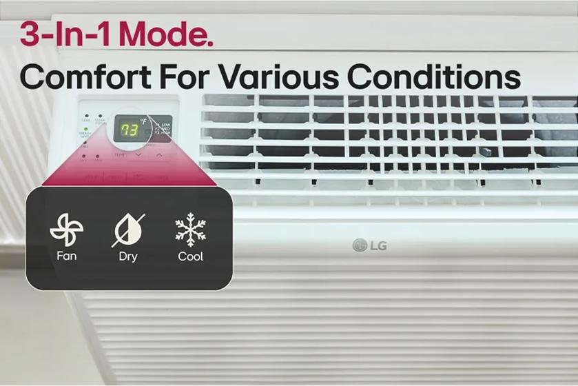 
3-In-1 Mode.
Comfort For Various Conditions
0
88
8
Fan Speed
73
Temp
Mode
T
Sleep
Q
LG
7
Fan
Dry
Cool