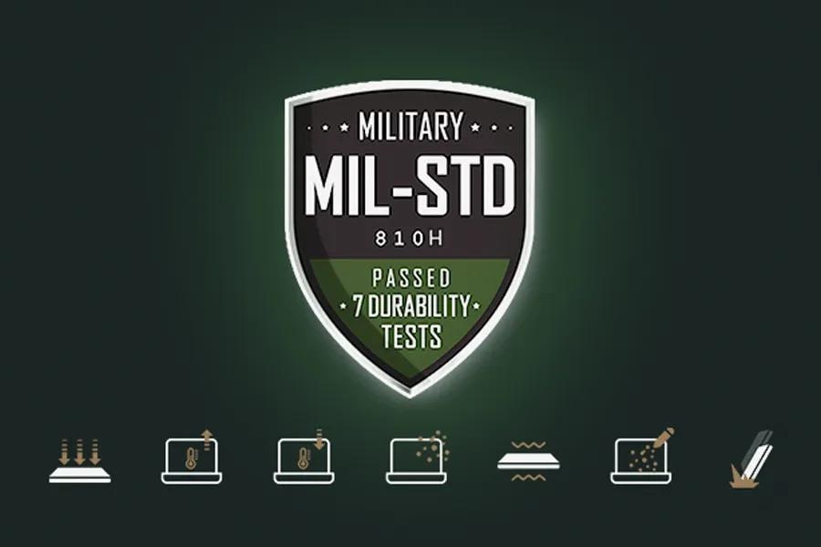 LG 14Z90U-G.AU87U1 laptop with Military MIL-STD 810H certification badge showing passed 7 durability tests with icons for temperature, shock, and vibration resistance