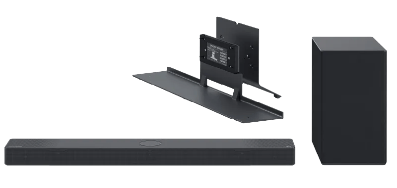 LG soundbar with subwoofer and mounting bracket.
