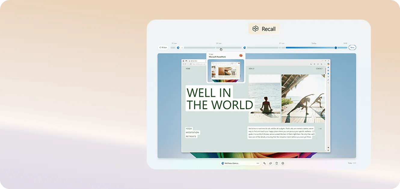 A digital screenshot showcasing Microsoft's Recall feature on a Windows interface, displaying a timeline and a restored window of a wellness-themed website with text and images.