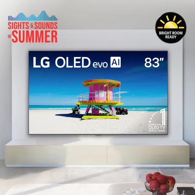“Sights and sounds of summer” title badge. 83” OLED TV in a bright living room. “Bright Room Ready” badge.