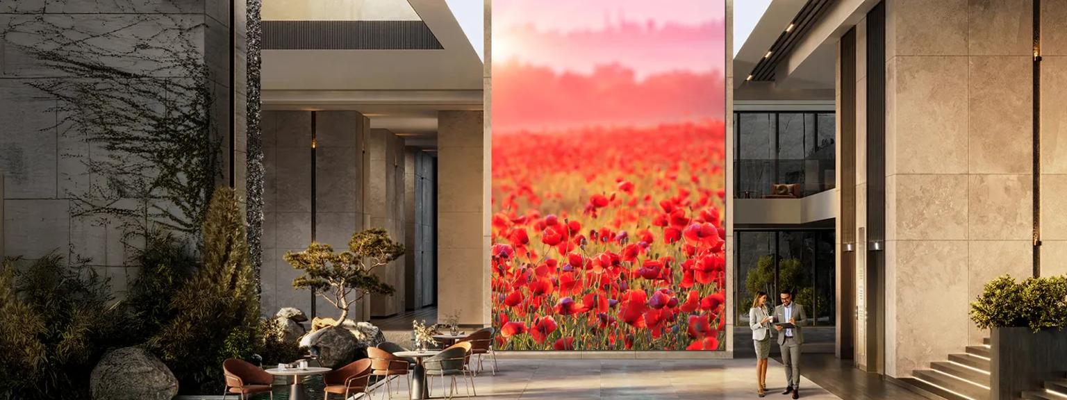 Modern lobby area with large LG DVLED displaying a vivid field of red poppies.