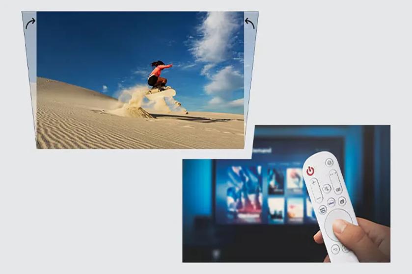 Person snowboarding on sand dunes and a hand holding a remote in front of a TV screen displaying media content.
