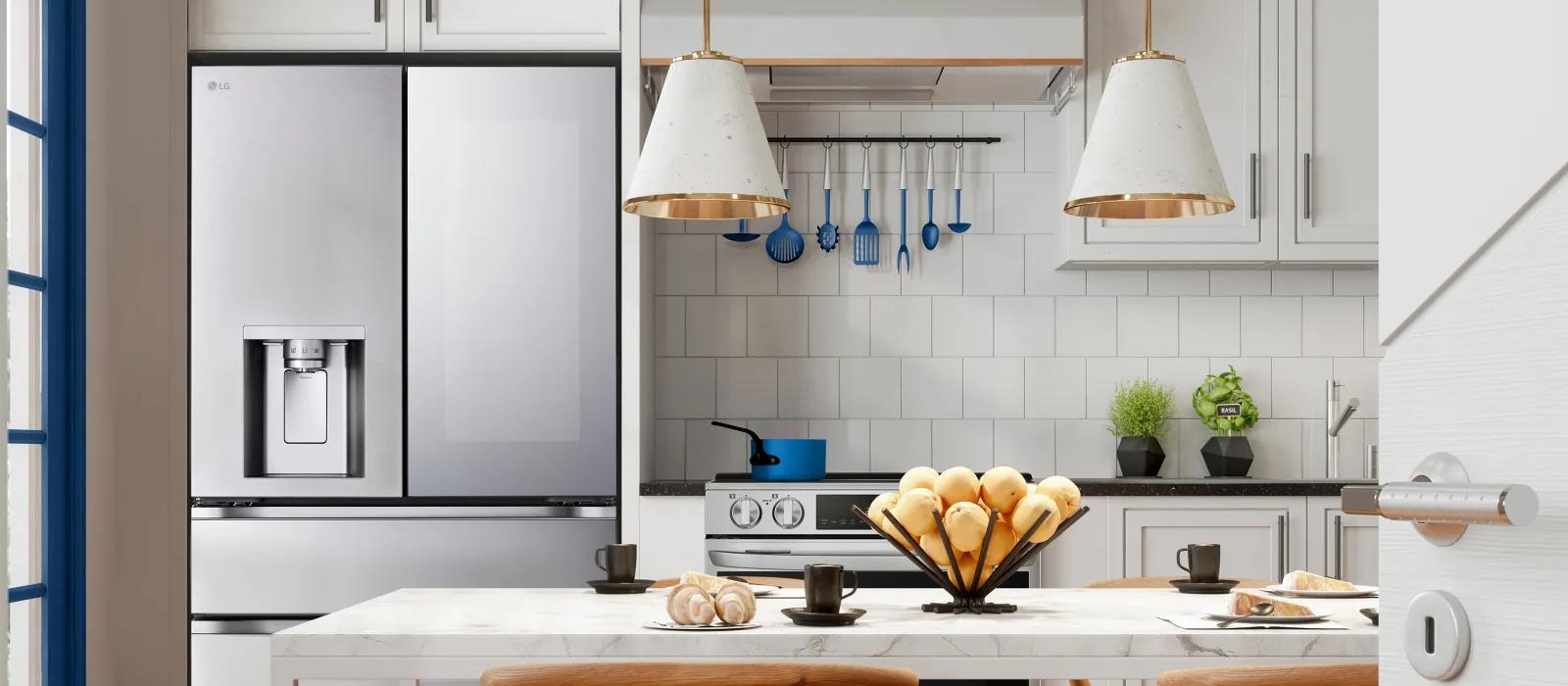 Modern kitchen featuring an LG fridge with a mirrored InstaView panel beside a stove and island set for breakfast.