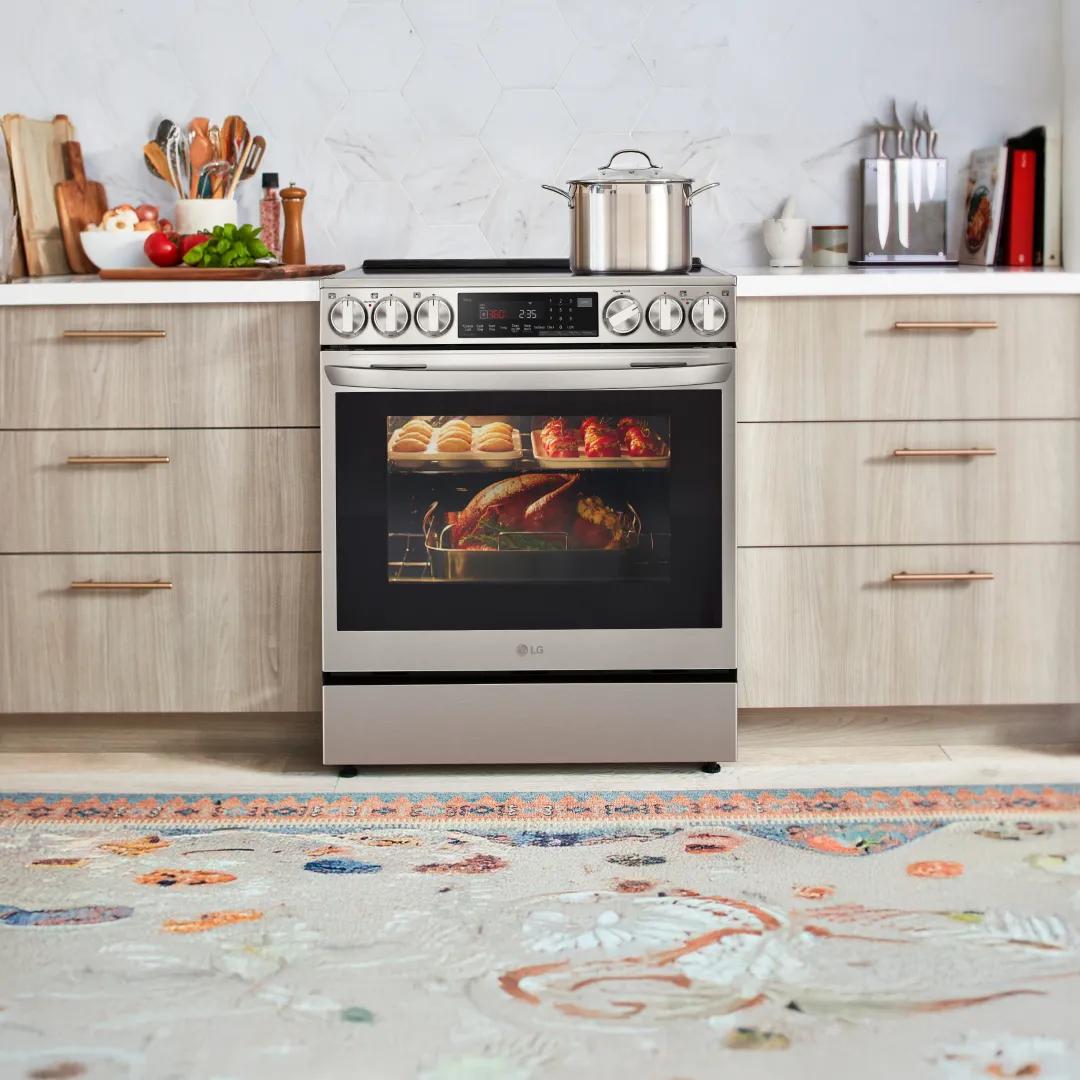 AN LG induction range is a bright kitchen setting. 
