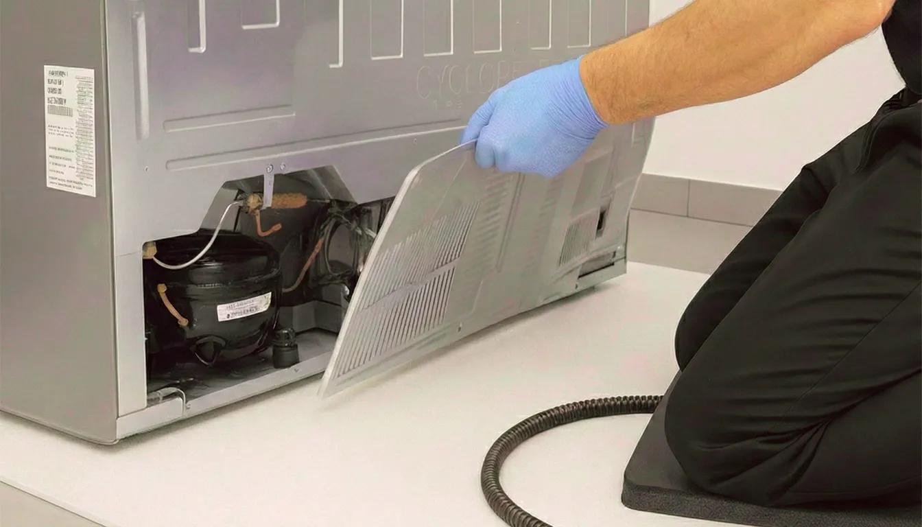 A service professional wearing blue gloves removing the bottom rear access panel of a silver LG refrigerator to inspect the compressor and internal components.