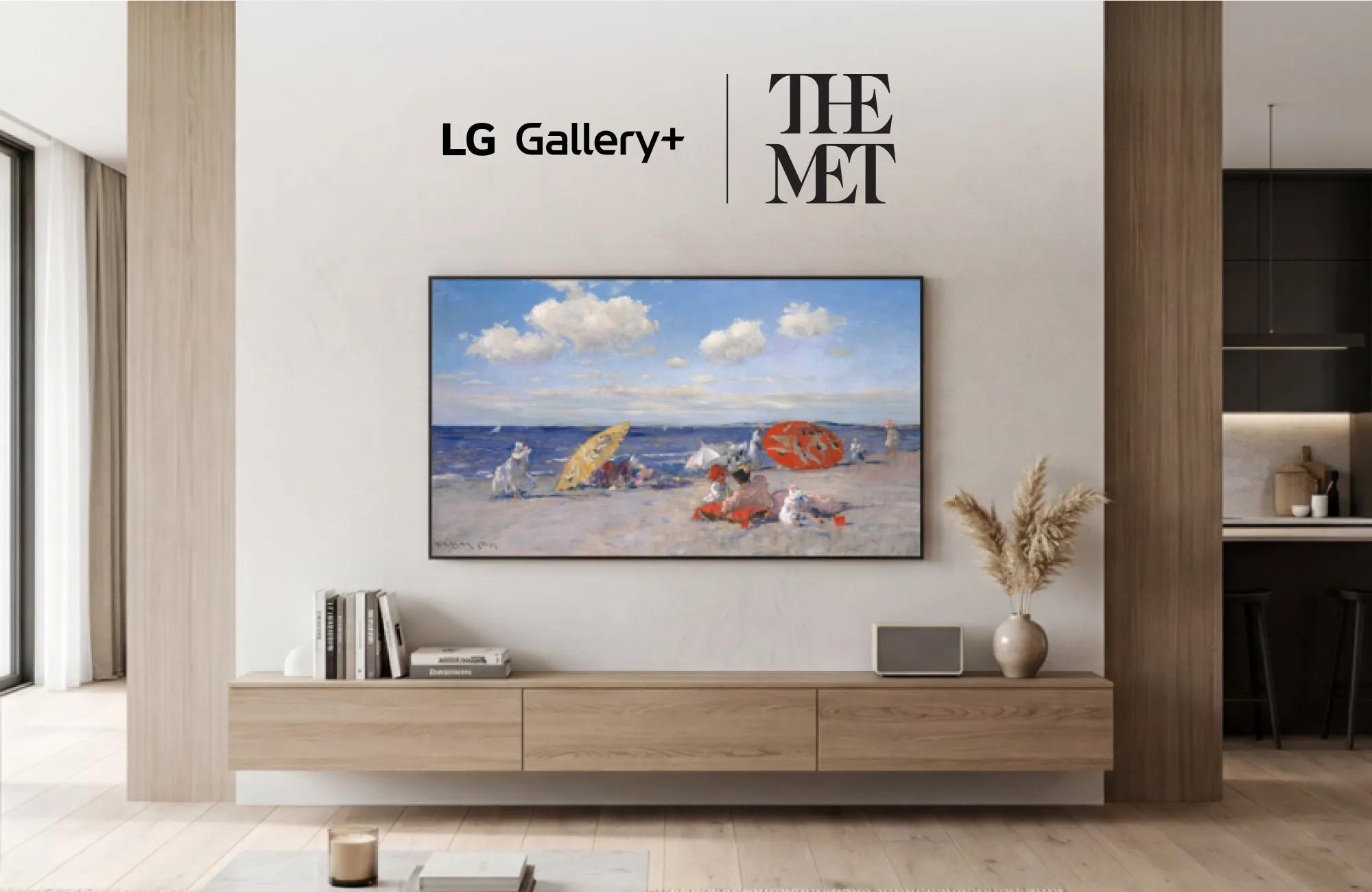 LG Gallery+ and The Met logos above an LG TV displaying a classic beach painting in a living room