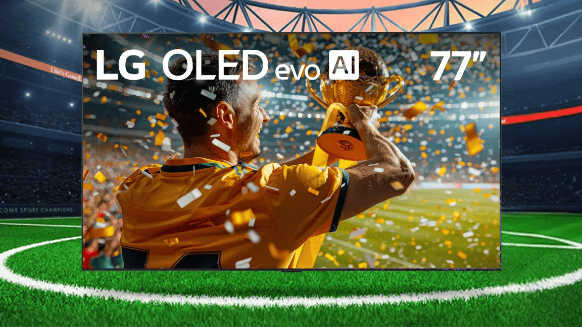 An LG OLED TV appears on a soccer stadium field. Image on TV shows a player celebrating as they hold a trophy. 