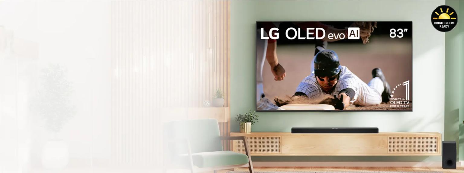 An OLED TV appears in a bright living room setting. Within the infill are a badge reading “World’s No. 1 OLED TV For 12 Years”. A “Bright Room Ready” badge appears above.