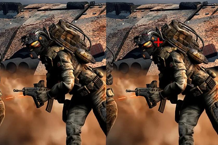 Two soldiers in combat gear with helmets and rifles in a desert environment; one has a red crosshair on their helmet.