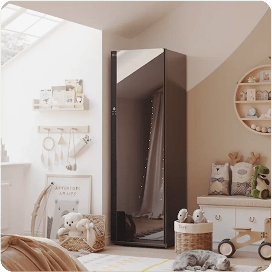 LG Styler® placed in a cozy, modern kids' room with toys and soft décor.