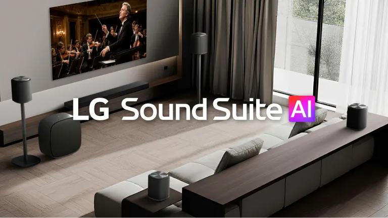 An LG TV and Sound Suite appear in a clean and stylish living room setting.