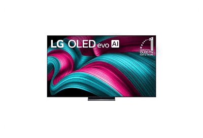 A front-facing image of an LG OLED83C5PUA TV with blue and pink ribbons on the screen. It has the “World’s #1 OLED TV for 12 Years” badge.