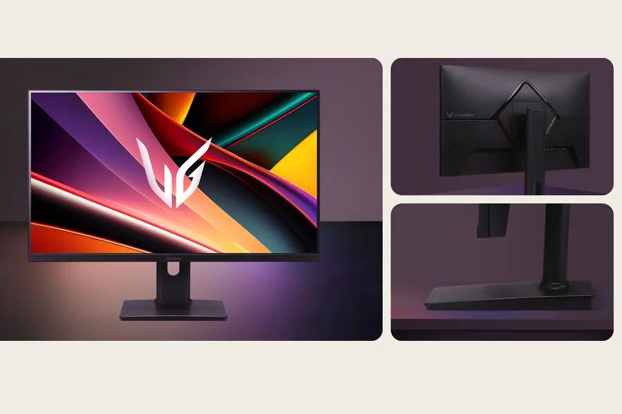 LG 27G64NA-B UltraGear Gaming Monitor showing front view with colorful display, back panel, and adjustable stand