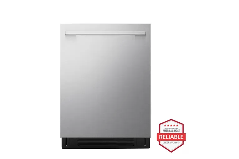 A front-facing image of an LG LDNTH862S top control dishwasher next to a red "Brought to you by American's Most Reliable Line of Appliances" badge.