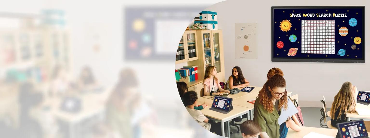Hero CreateBoard in k-12 classroom with female teacher