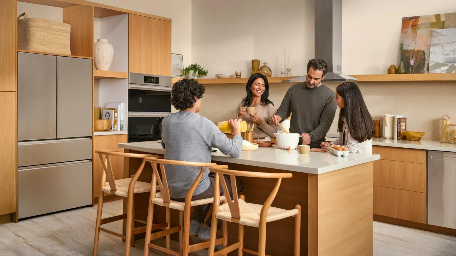 A family in a modern kitchen setting, showcasing various LG Signature Collections and appliances.