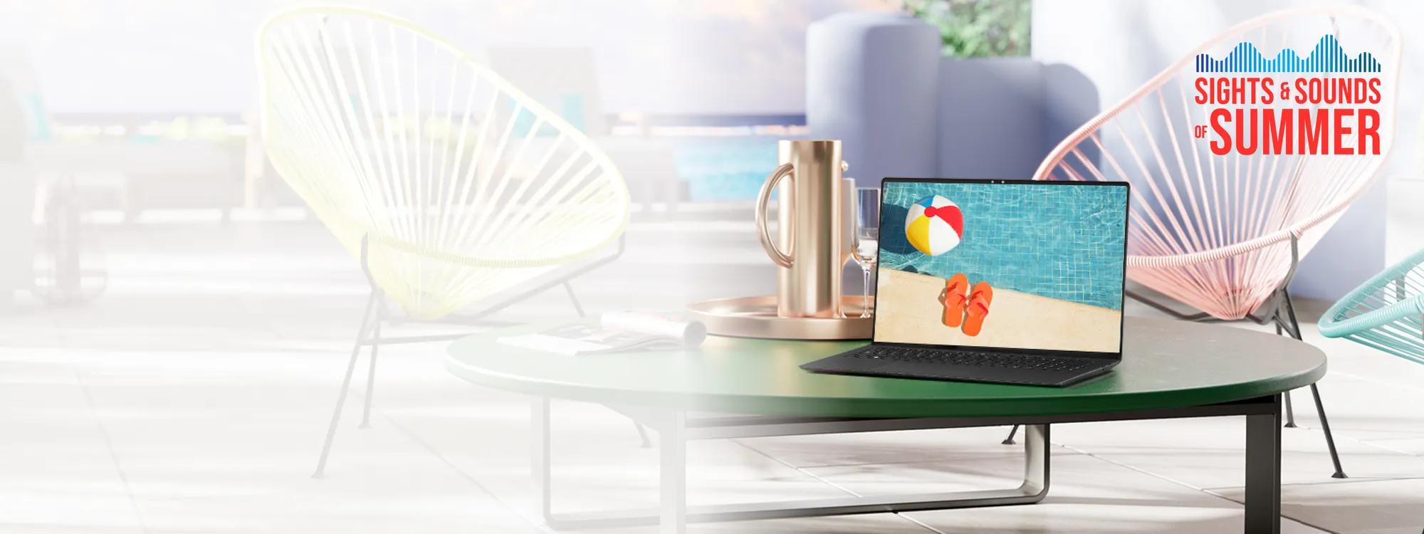 LG laptop on a table displaying a summer poolside scene, with colorful patio chairs in the background. Sights & Sounds of Summer logo visible in the upper right corner.