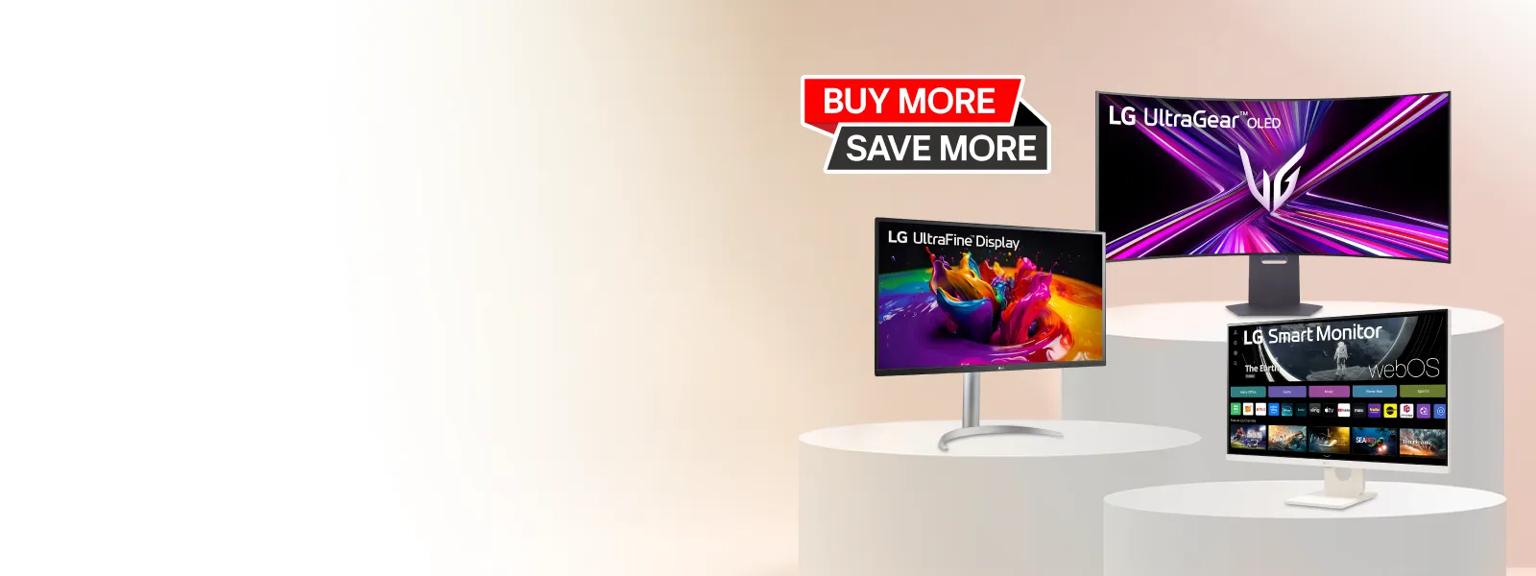 “Buy More Save More” title badge. A group of monitors appear side-by-dide.