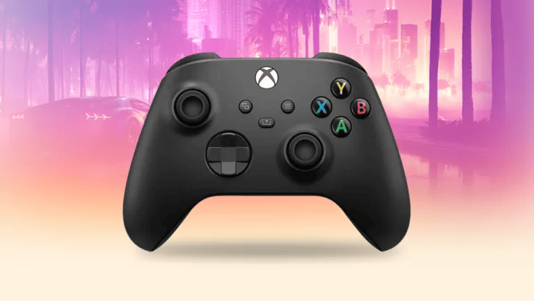 Black Xbox wireless controller centered against a pink and purple gradient backdrop with a stylized cityscape.