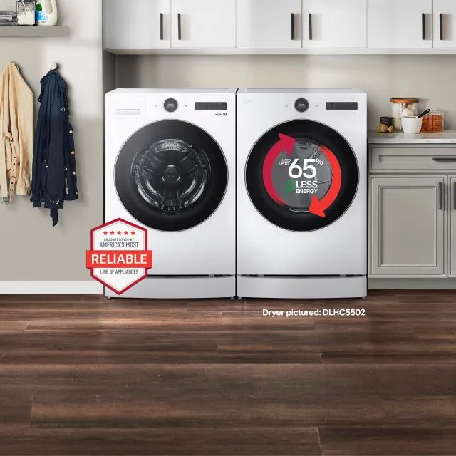 An LG washer and DLHC5502 dryer appear side-by-side in a laundry room setting. On the dryer, a graphic appears reading “Uses up to 65% less energy”. “America’s Most Reliable Line of Home Appliances” badge appears on the bottom left of the scene.