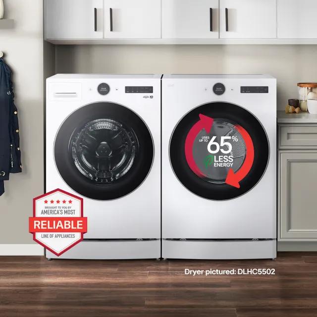 An LG washer and DLHC5502 dryer appear side-by-side in a laundry room setting. On the dryer, a graphic appears reading “Uses up to 65% less energy”. “America’s Most Reliable Line of Home Appliances” badge appears on the bottom left of the scene.