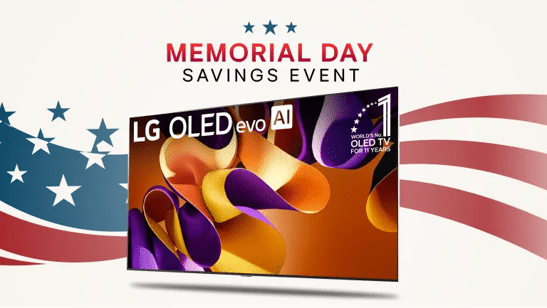 “Memorial Day Savings Event” title badge. An LG OLED appears in front of a stars and stripes graphic. The infill of the TV displays a badge reading “World’s No. 1 OLED TV for 12 Years”.
