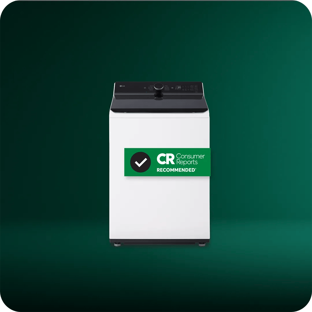 A white top-load washer on a green background with a Consumer Reports Recommended badge.