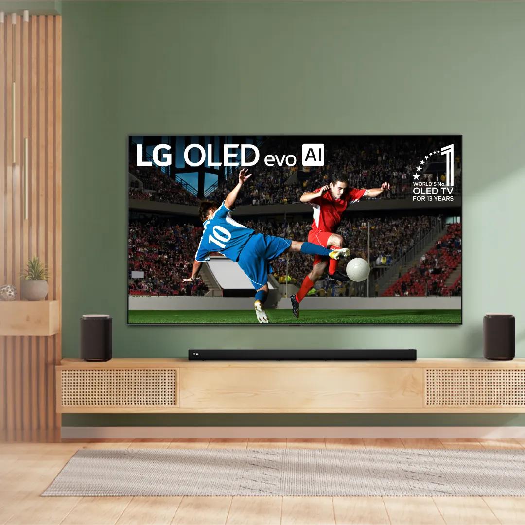 An OLED G6 TV displays a scene from a soccer match in a bright living room setting. “America’s Most Reliable Line of TVs” badge.
