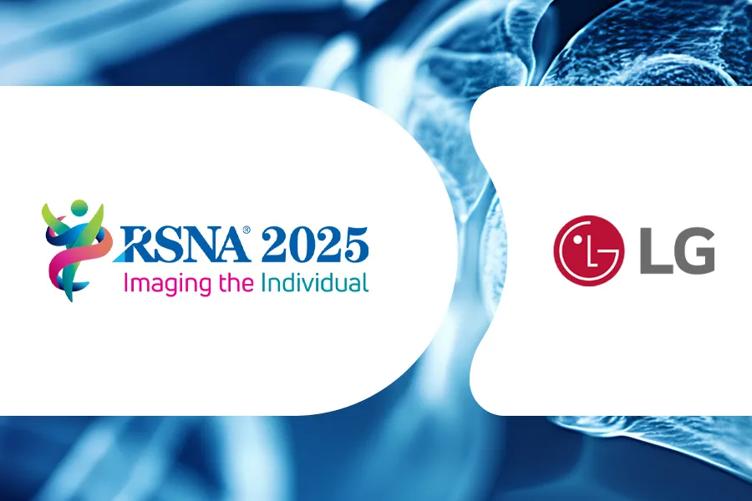 RSNA 2025 and LG logos on white shapes. Behind the white shapes is a close-up of a medical x-ray.