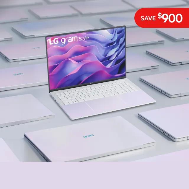 The image showcases the LG gram Style laptop with a vibrant 16-inch OLED display, surrounded by closed laptops in a sleek layout. A red banner highlights a '$900 discount', emphasizing its lightweight and stylish design.