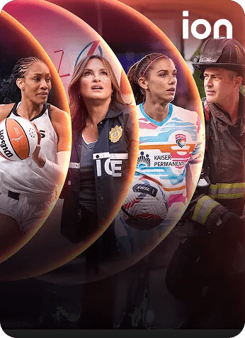 ION title card featuring women athletes and TV show characters against a dramatic orange and purple background.
