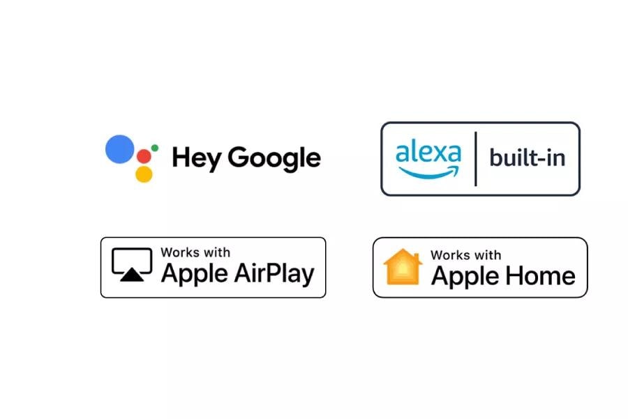 Hey Google logo. Alexa built in logo. Works with Apple Airplay logo. Works with Apple Home logo.