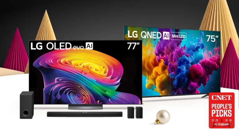 Black Friday LG TV lineup featuring a 77-Inch LG OLED evo AI TV and 75-Inch LG QNED AI Mini LED TV, with a Soundbar, subwoofer, and two surround speakers displayed in front, holiday decorations in background, and CNET People's Picks 2026 #1 TV Brand badge.