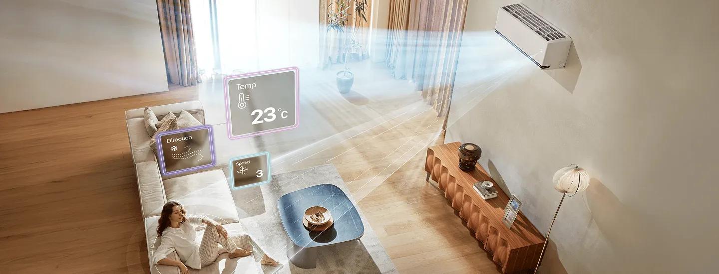 The LG DUAL Inverter air conditioner cools a modern ocean-view living room, powered by ThinQ AI technology.