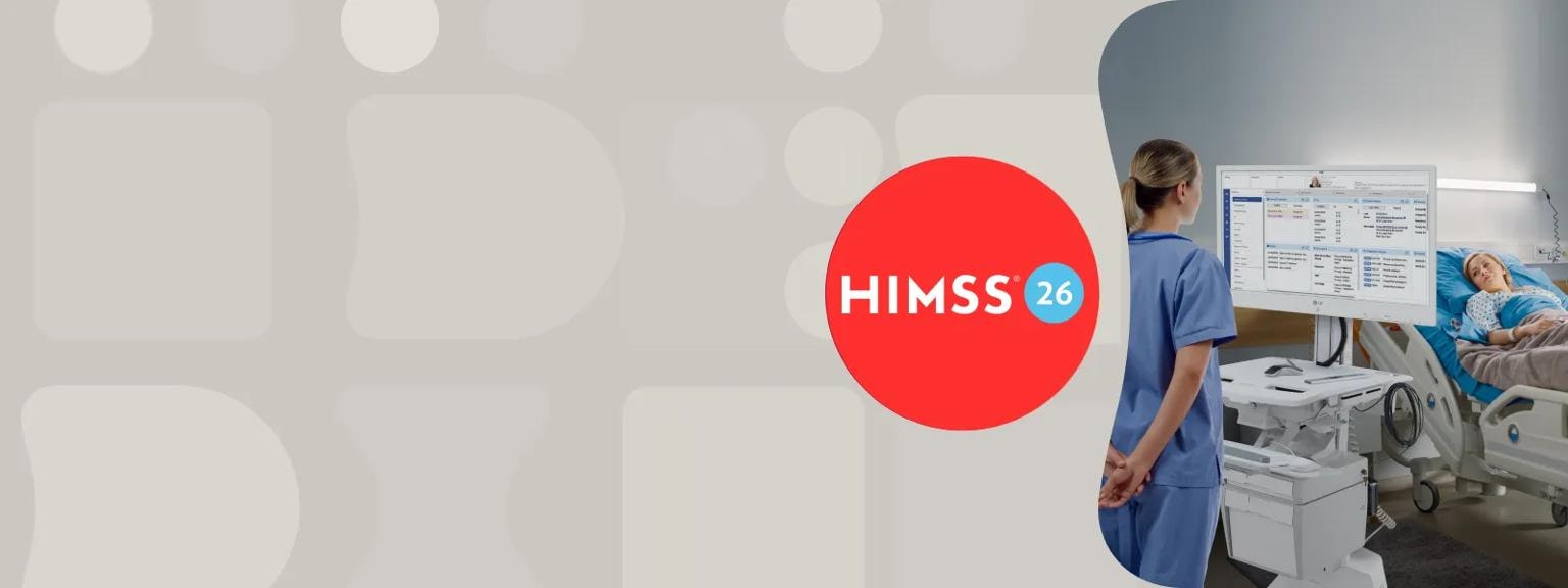 A doctor looking at LG Cloud Client monitor near a patient. The HIMSS logo is in a red circle next to the image.