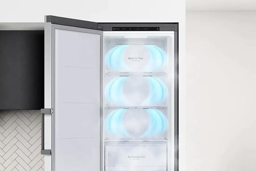The one door refrigerator open with curved blue lines separating each shelf to demonstrate how the Multi-Air Flow Cooling System maintains the optimal temperature for freshness.