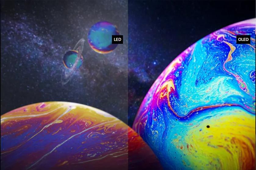 Comparison of LED and OLED displays with different color vibrancy.