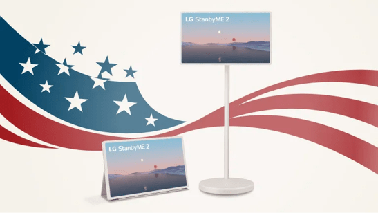 ”Labor Day Savings Event” title badge. 2 StanbyME 2 portable smart touchscreens on a stars and stripes background. 