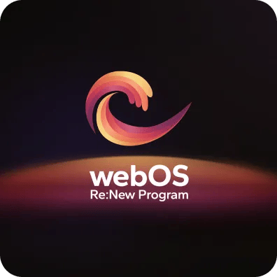 webOS Re:New Program logo with stylized wave graphic on dark background